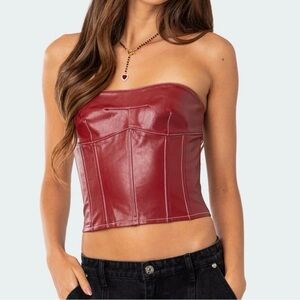 Edikted red leather lace up corset